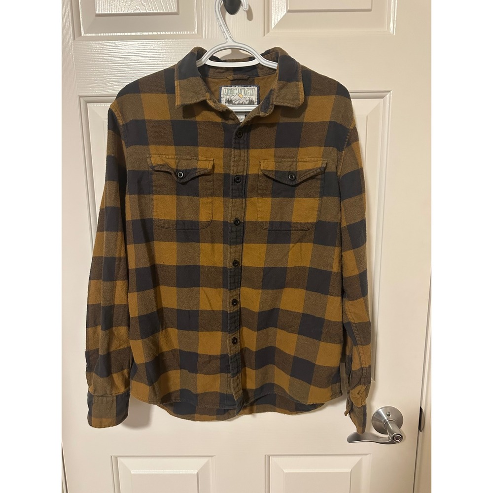 American Eagle Flannel Shirt Mens M Brown Blue Buffalo Plaid Button Up Cotton